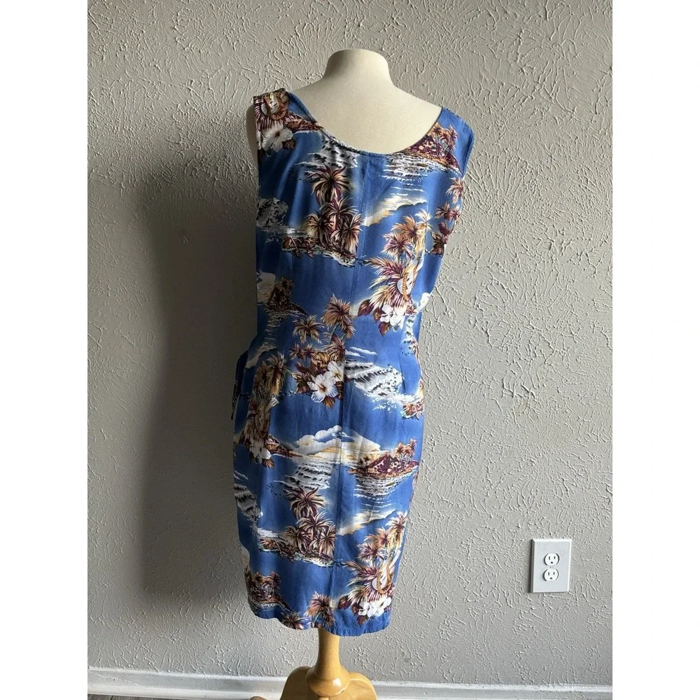 Women's Hilo Hattie Blue Tropical Rayon Sarong Wrap Dress Floral Hawaiian Size L - Picture 14 of 14